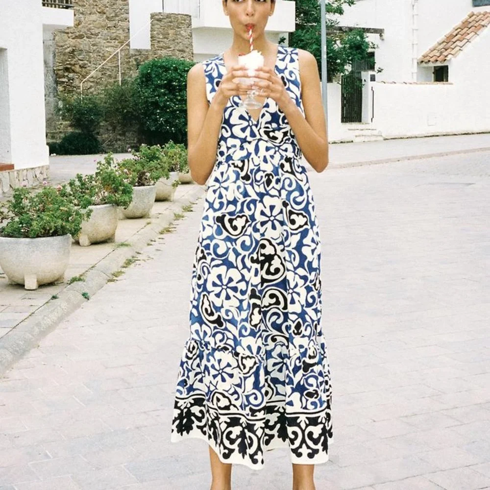 ZARA Blue & Black Floral Midi Maxi Dress w Cut-out Open Back